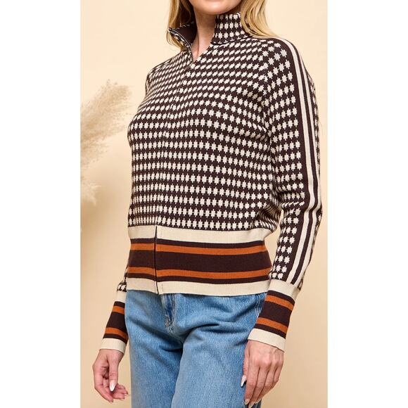 FALL VIBES Houndstooth Sweater – Mock Neck Full Zip Knit – Size M - Picture 1 of 7